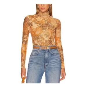 Misa Los Angeles 'Nadia' Gold Polyester Top sheer floral long sleeve Large